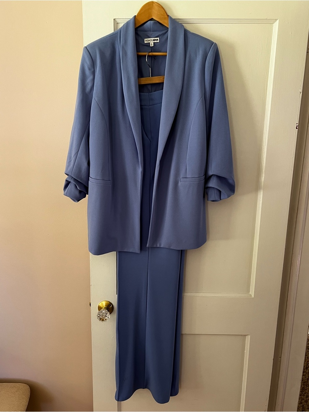 EUC Fashion Nova Cornflower Blue Shawl Collar Blazer and Trouser Set